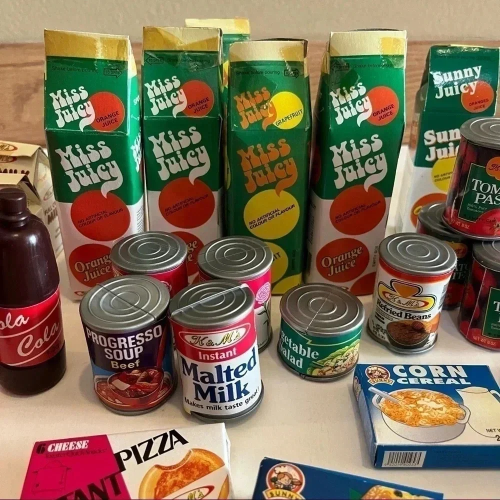 Lot 45 Vtg Pretend Play Food Mini Boxes Cans Coca Cola Progreso Milk Pizza Pasta